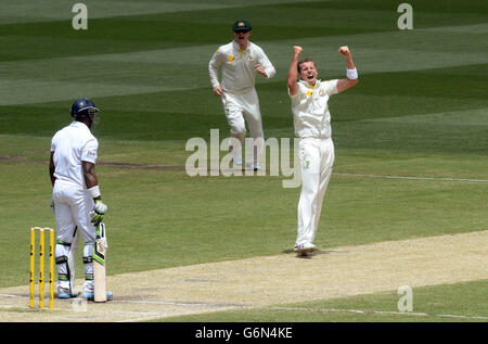 L'australiano Peter Siddle (a destra) festeggia il lancio del wicket dell'inglese Michael Carberry (a sinistra) durante il terzo giorno del quarto test al MCG di Melbourne, Australia. Foto Stock