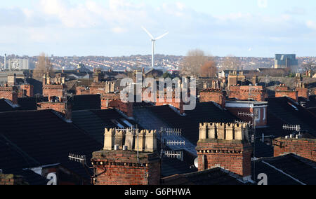 Case a schiera e tetti a Everton, Liverpool, Merseyside. Foto Stock