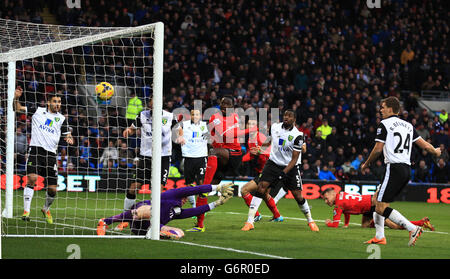 Il Kenwyne Jones di Cardiff City segna il suo secondo gol ai lati durante la partita Barclays Premier League al Cardiff City Stadium di Cardiff. Foto Stock