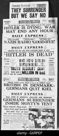 Notizie da una selezione di giornali durante uno dei periodi più importanti della seconda guerra mondiale, dal 29 aprile al 5 maggio 1945. Foto Stock
