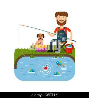 Divertimento pescatore le catture di pesce. Canna da pesca. Cartoon stile piatto. Illustrazione Vettoriale Illustrazione Vettoriale