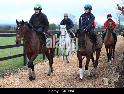 Hurricane Fly guidato da Paul Townend (a sinistra) e Quevega guidato da Jack Madden durante la visita alle scuderie Willie Mullins a Bagenalstown, Co. Carlow, Irlanda. Foto Stock