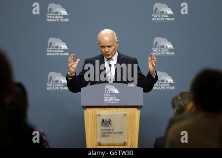 Il Segretario agli Esteri William Hague si rivolge alla stampa presso il Foreign and Commonwealth Office di Londra, in seguito alla illegale Wildlife Trade Conference. Foto Stock