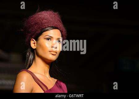 Un modello sulla passerella alla sfilata Felder Felder Felder, alla Freemason's Hall, nel centro di Londra, nell'ambito della London Fashion Week Autunno/Inverno 2014. Foto Stock