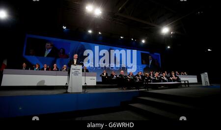 Taoiseach Enda Kenny parla al fine Gael ard fheis al RDS di Dublino. Foto Stock