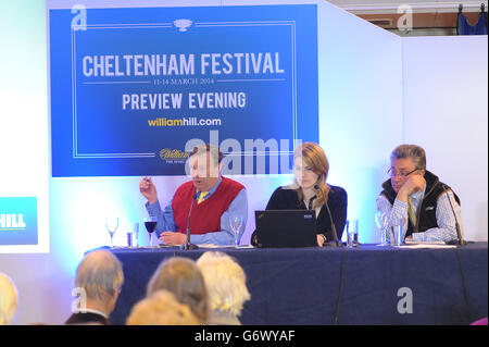 (Da sinistra a destra) Nicky Henderson, Kate Miller e Paul Nicholls durante la serata di anteprima del William Hill Cheltenham Festival dopo la William Hill Imperial Cup Day all'ippodromo di Sandown Park, Sandown. PREMERE ASSOCIAZIONE foto. Data immagine: Sabato 8 marzo 2014. Guarda la storia di PA CHE CORRE Sandown. Il credito fotografico dovrebbe essere: Tim Ireland/PA Wire Foto Stock