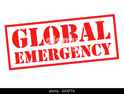 Emergenza globale rosso timbro di gomma su uno sfondo bianco. Foto Stock