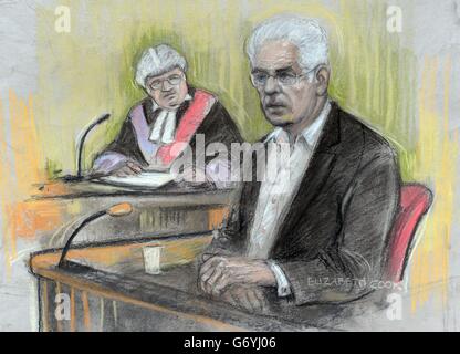 Disegno di artista di corte di Elizabeth Cook del pubblicista Max Clifford, 70, da Hersham in Surrey, comparso alla corte della corona di Southwark dove è accusato di un totale di 11 conteggi di assalto indecente contro sette donne e ragazze. Foto Stock