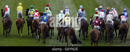 Falso inizio davanti alla Grand National Race di Crabbie all'Ippodromo di Aintree, Liverpool. PREMERE ASSOCIAZIONE foto. Data immagine: Sabato 5 aprile 2014. Un'indagine sull'inizio del Grand National di Crabbie è stata rinviata alla British Horseracing Authority dopo che i jockeys hanno scelto di non partecipare all'audizione di corso. Guarda la storia della PA RACING National Start. Il credito fotografico dovrebbe essere: Pete Byrne/PA Wire Foto Stock