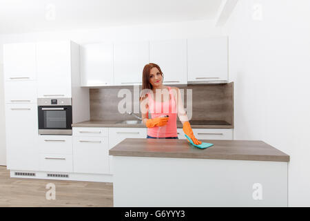 Piuttosto giovane donna con i lavori di casa. Ragazza pulisce una cucina moderna. Utilizzare detergenti. Foto Stock