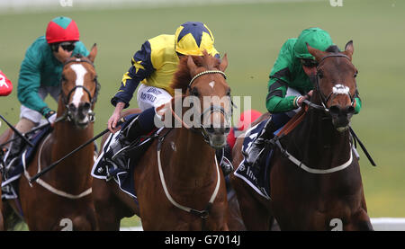 Il nostro canale (centro) guidato da Ryan Moore viene a casa per vincere la prova di Derby di Investec (gara di condizioni) (gara di BOBIS) (Classe 2) (solo 3YO) dal 2° posto Marzocco (a destra) guidato da William Buick durante l'incontro di primavera di Investec all'Ippodromo di Epsom Downs, Surrey. PREMERE ASSOCIAZIONE foto. Data immagine: Mercoledì 23 aprile 2014. Guarda la storia di PA DI EPSOM. Il credito fotografico dovrebbe essere: John Walton/PA Wire Foto Stock