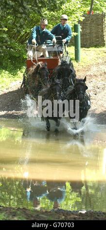 Il duca di Edimburgo gareggia con la squadra di pony Fell della regina nel Gran Premio di guida internazionale di Land Rover al Royal Windsor Horse Show di Windsor. Foto Stock