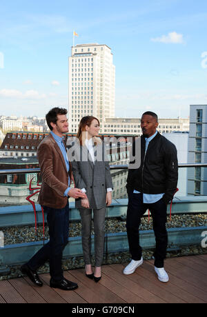 Andrew Garfield, Emma Stone e Jamie Foxx partecipano a una fotocellula per il nuovo film The Amazing Spiderman al Westminster Plaza Hotel, Londra. Foto Stock