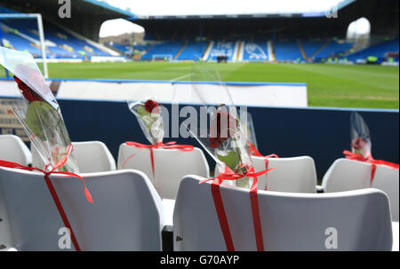 96 posti a sedere blu al Lepping Lane End di Hillsborough sono sostituiti da 96 sedili bianchi per rappresentare i 96 Tifosi di Liverpool che sono morti al disastro di Hillsborough Foto Stock