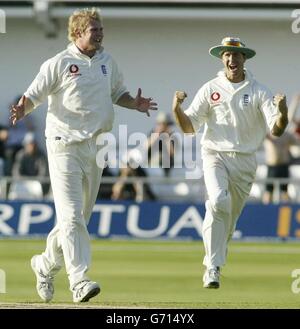 L'inglese Matthew Hoggard (a sinistra) celebra l'intrappolamento di Nathan Astle lbw in Nuova Zelanda per 8 corse, con il capitano Michael Vaughan (a destra) durante il quarto giorno di gioco nella seconda prova Npower a Headingley, Leeds. Foto Stock