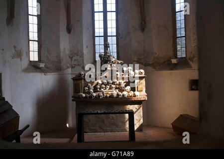 Teschi sull altare, ossario gotico casa di osso, chiesa fortificata, St Michael, Wachau, Austria Inferiore, Austria / ossario Foto Stock