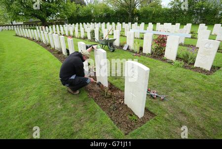 Il giardiniere Caretaker First Class Myles Hunt allinea una delle oltre 4,000 lapidi che sono state sostituite a Bayeux, mentre la Commissione delle tombe di guerra del Commonwealth (CWGC) sta lavorando per sostituire migliaia di lapidi cadute e danneggiate nei suoi cimiteri in tutta la Francia e oltre, Come si celebra sia il 70° anniversario degli sbarchi in Normandia, sia il centenario della prima guerra mondiale. Foto Stock