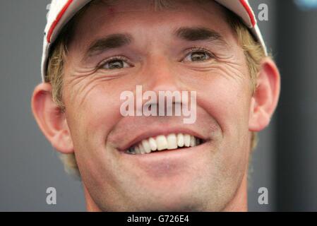 Padraig Harrington in Irlanda durante la sua conferenza stampa il giorno delle prove libere dello Smurfit European Open al K Club, Co.Kildare. Foto Stock