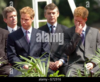 Princes William (a sinistra) e Harry all'apertura di una fontana costruita in memoria della loro madre, la principessa del Galles in Hyde Park di Londra. La creazione di 3.6 milioni di euro a fianco della serpentina è stata circondata da polemiche, che hanno dovuto far fronte a ritardi e a un eccesso di bilancio entro il 600,000. La principessa morì in un incidente d'auto a Parigi nell'agosto 1997. Nota a eds: Gli uomini in fila dietro non sono identificati. Foto Stock