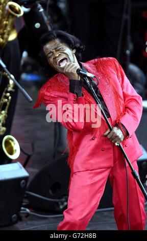 La leggenda dell'anima James Brown si esibisce dal vivo sul palco all'Olympic Torch Concert nel Mall, nel centro di Londra, un concerto gratuito organizzato da Visit London e dalla Greater London Authority per celebrare l'arrivo della torcia olimpica a Londra. Foto Stock