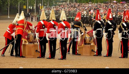 I membri della Casa Cavalleria prima che loro sono stati presentati con i nuovi standard dalla Regina Elisabetta II a Horse Guards Parade, Londra. Foto Stock