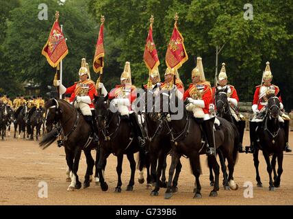 I membri della Casa Cavalleria dopo che sono stati presentati con i nuovi standard dalla Regina Elisabetta II a Horse Guards Parade, Londra. Foto Stock