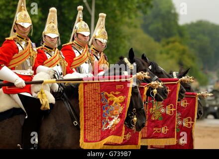 I membri della Casa Cavalleria dopo che sono stati presentati con i nuovi standard dalla Regina Elisabetta II a Horse Guards Parade, Londra. Foto Stock