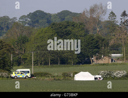 NOTA: ALTERNATIVE CROP la scena a Little Swinton, vicino a Coldstream, dove tre persone sono state uccise dopo che una macchina ha perso il controllo al Jim Clark Rally nei confini scozzesi ieri. Foto Stock