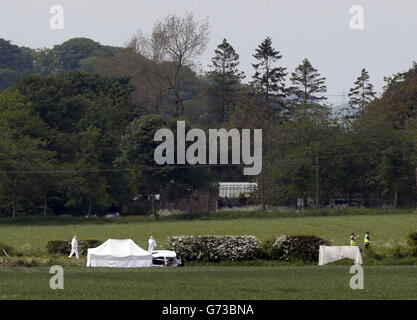 La scena a Little Swinton, vicino a Coldstream, dove tre persone sono state uccise dopo che una macchina ha perso il controllo al Jim Clark Rally nei confini scozzesi ieri. Foto Stock