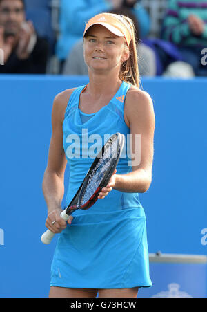 Tennis - AEGON Classic 2014 - giorno due - Edgbaston Priory Club. Daniela Hantuchova festeggia dopo aver battuto Belinda Bencic, durante l'AEGON Classic all'Edgbaston Priory Club di Birmingham. Foto Stock