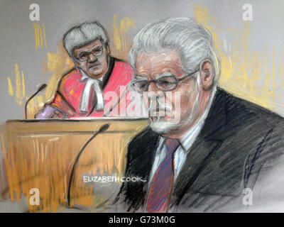 Artista di corte disegnando da Elizabeth Cook di Rolf Harris nel molo di Southwark Crown Court, Londra, dove affronta le accuse di presunti attacchi indecenti su ragazze di età inferiore. Foto Stock