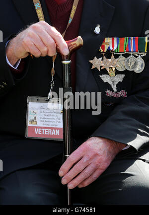 I veterani della Normandia si riuniscono sotto l'attuale ponte Pegasus a Ranville, in Francia, per una cerimonia commemorativa in occasione del 70° anniversario degli sbarchi del D-Day durante la seconda guerra mondiale Foto Stock