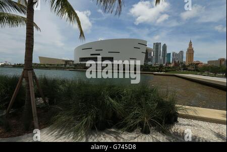 Una vista generale del luogo proposto di David Beckham's Miami Beckham United, MLS Soccer Franchise presso la barca d'acqua profonda scivola accanto alla casa di NBA lato il Miami Heat a Miami, Stati Uniti. Foto Stock