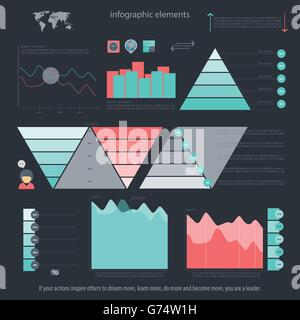 Set di una infografica elementi isolati su sfondo scuro. vettore timeline e opzione simbolo grafico. info piramide icone grafiche wit Illustrazione Vettoriale