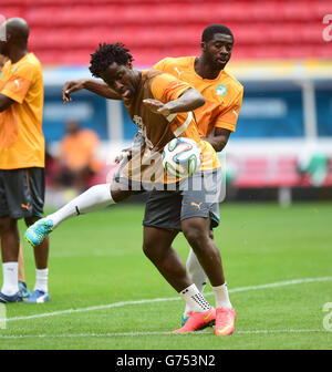 Calcio - Coppa del mondo FIFA 2014 - Gruppo C - Colombia / Costa d'Avorio - sessione di allenamento Costa d'Avorio - Estadio Nacional. Wilfried Bony (a sinistra) e Kolo Toure della Costa d'Avorio durante una sessione di allenamento Foto Stock