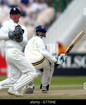 Il guardiano inglese Alec Stewart può solo guardare come un altro colpo di Russel Arnold dello Sri Lanka va per 4, durante il terzo test a Old Trafford, Manchester. Foto Stock