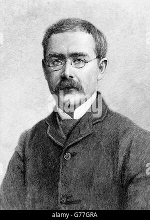 Ritratto dello scrittore inglese, Rudyard Kipling. Incisione di T. Johnson da una fotografia di Elliott & Fry, c.1891. Foto Stock