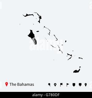 Alta dettagliata mappa vettoriale delle Bahamas con perni di navigazione. Illustrazione Vettoriale