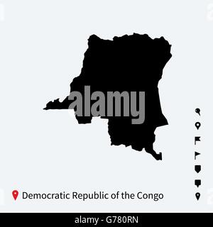 Alta dettagliata mappa vettoriale della Repubblica Democratica del Congo withpins. Illustrazione Vettoriale