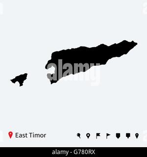 Alta dettagliata mappa vettoriale di Timor orientale con perni di navigazione. Illustrazione Vettoriale