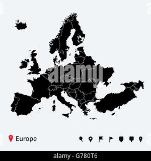 Alta Europa dettagliata mappa politico con perni di navigazione. Illustrazione Vettoriale