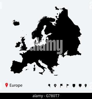 Alta vettore dettagliata mappa di Europa con perni di navigazione. Illustrazione Vettoriale