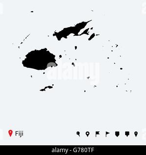 Alta dettagliata mappa vettoriale delle Fiji con perni di navigazione. Illustrazione Vettoriale