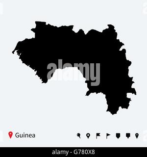 Alta dettagliata mappa vettoriale della Guinea con perni di navigazione. Illustrazione Vettoriale