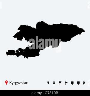 Alta dettagliata mappa vettoriale del Kirghizistan con perni di navigazione. Illustrazione Vettoriale