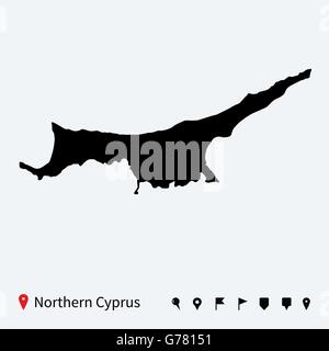 Alta dettagliata mappa vettoriale di Cipro del Nord con i perni. Illustrazione Vettoriale