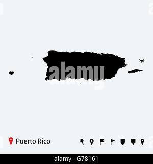 Alta vettore dettagliata mappa di Puerto Rico con perni di navigazione. Illustrazione Vettoriale