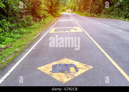 Attenzione dell'elefante segno di avvertimento sulla strada asfaltata per dire che ci possono essere gli elefanti sulla strada Foto Stock