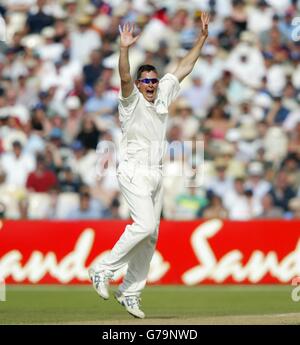 Ashley Giles, in Inghilterra, si appella per il cazzo di Chris Gale delle Indie Occidentali durante la quarta giornata della terza prova di potenza a Old Trafford, Manchester. Foto Stock