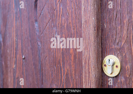 Parte della porta di legno marrone close-up con toppe in ottone. Messa a fuoco selettiva con sfocata sul lato sinistro del telaio. Foto Stock